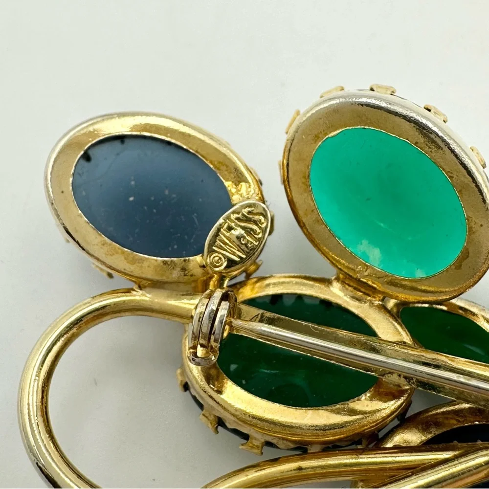 Vintage Weiss Blue and Green Cabochon Bouquet Brooch Signed